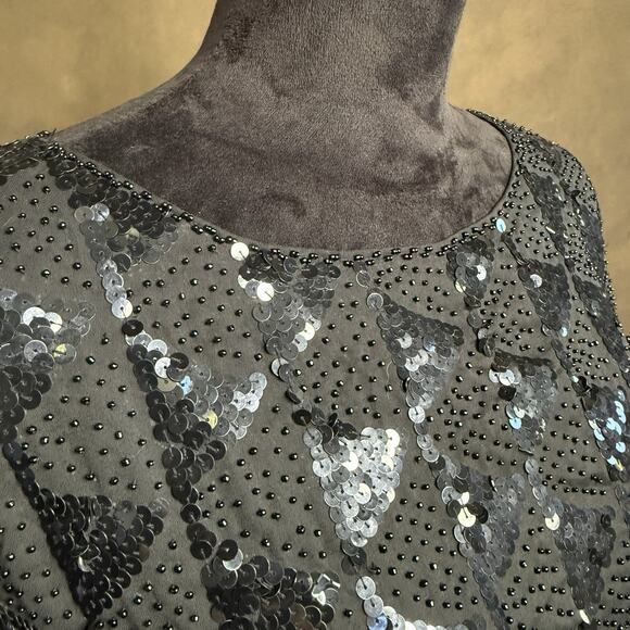Vintage Hand Embroidered Black Sequin Beaded Top Blouse Scallop Hem Size 42 - Picture 5 of 10